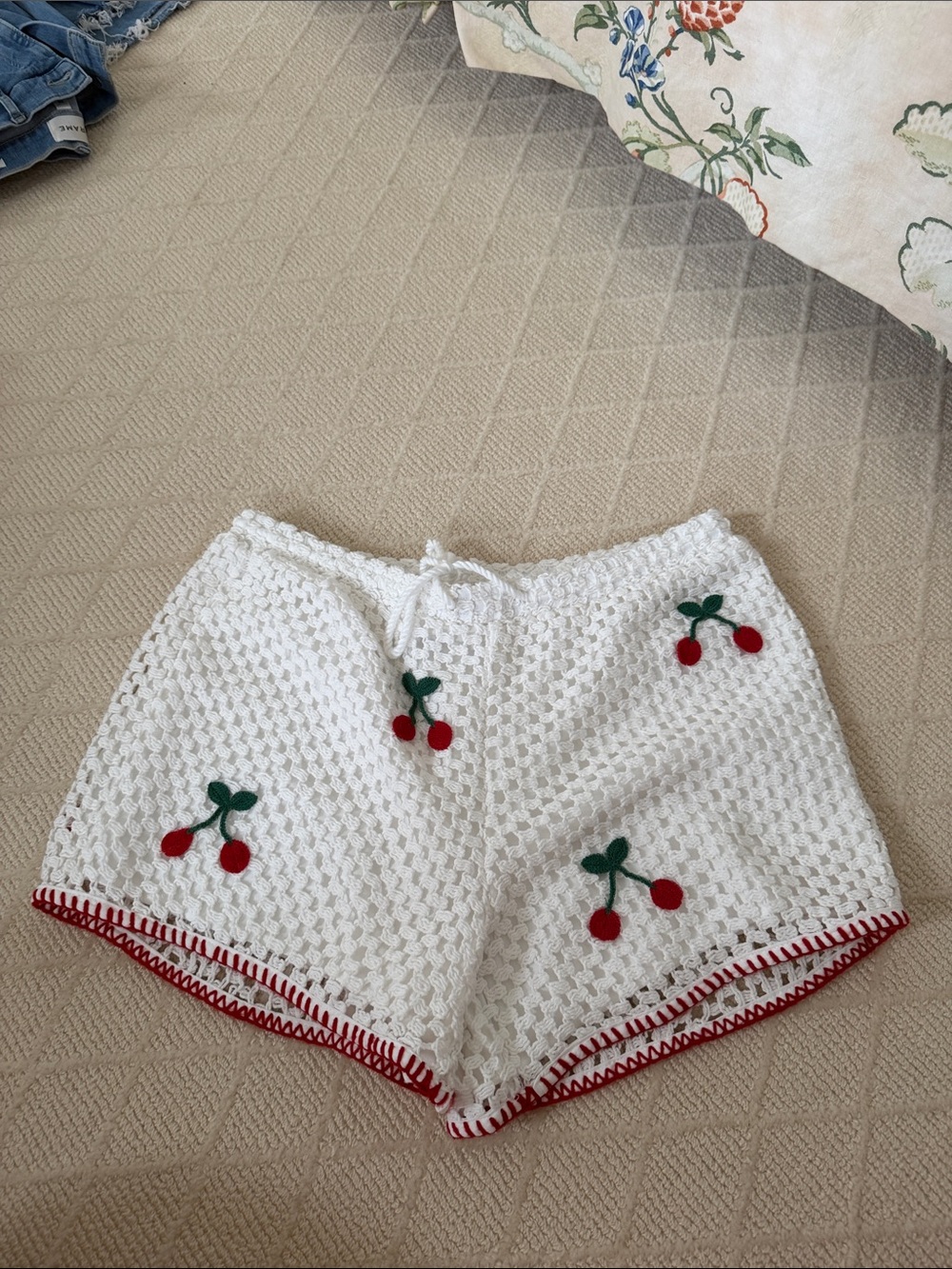 SAYLOR White Crochet High-Waist Shorts with Red Cherry Embroidery